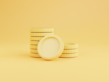Golden coins stacking on yellow background for investment and deposit saving concept by 3d render.の写真素材