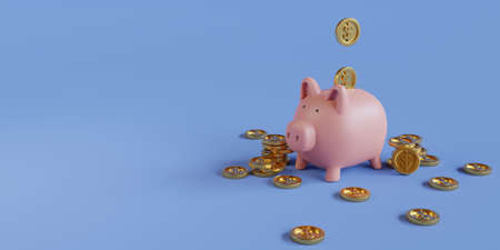 Golden coins putting to pink piggy save money on blue background for deposit and financial saving growth concept by 3d render.の写真素材