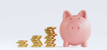 Golden coins stacking and pink piggy save money on white background for deposit and financial saving growth concept by 3d render.の写真素材