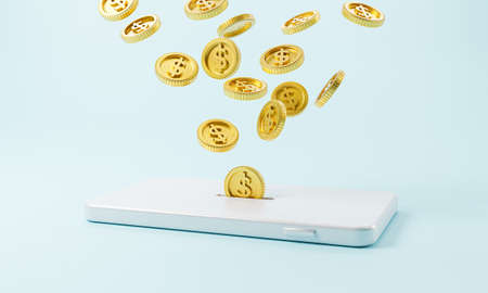 Golden coins dropping to mobile phone for money transfer and internet mobile banking or electronic...