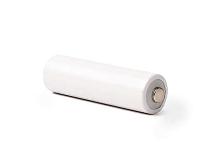 Isolated of one white alkaline battery AA size on white background , Carbon zinc for one time use...