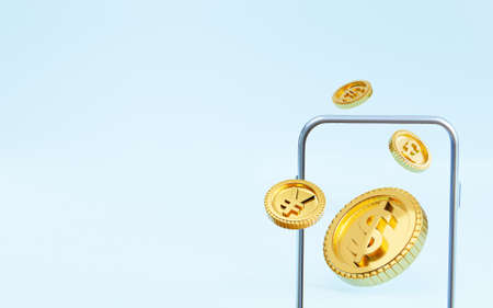 Golden coins include dollar Yen yuan Euro and pound sterling with mobile phone frame for currency...