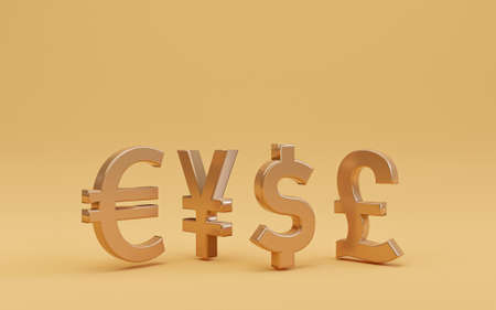 The main golden currency sign on yellow background include dollar yen euro and pound for trading forex and currency exchange concept by 3d render.の写真素材