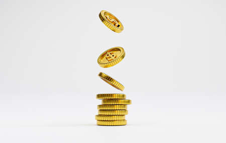 Isolation of golden US dollar coins dropping and stacking on white background for investment and deposit saving concept by 3d render.の写真素材