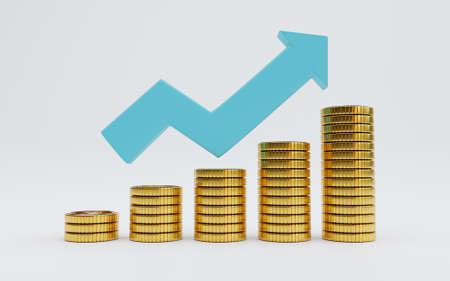 Golden coins stacking with increasing blue arrow on yellow background and copy space for economic investment profit and interest deposit from saving concept, 3D rendering technique.の写真素材