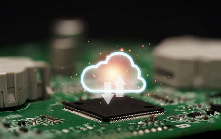 Cloud computing on electronic chip and board ,Cloud computer is system to transfer data information and upload download application. Technology transformation concept.の写真素材