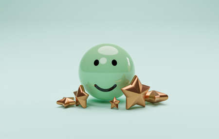 Smile face on green ball with golden five stars for customer or client survey and satisfaction after...