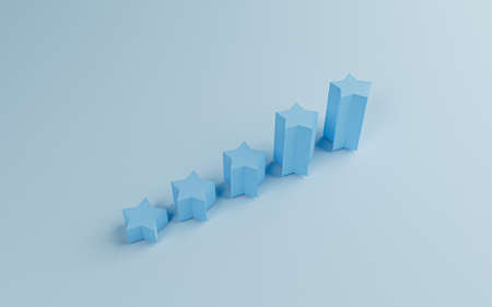 Increasing high of blue five blue stars for Customer or client feedback system after use product and service by 3d render design for mobile application.の写真素材