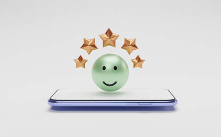 Realistic smile face with five golden stars on smartphone for customer or client evaluate after use...