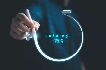 Hand writing with circle shape with loading percentage for update progressive of project and...