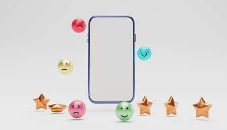 Realistic emotion face with golden stars on smartphone for customer or client evaluate after use product and service by use telephone application. 3d render technique.の写真素材