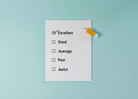 Yellow pencil write correct or tick mark on check box of paper for excellent customer or client evaluation after use product and service concept by 3d render.の写真素材