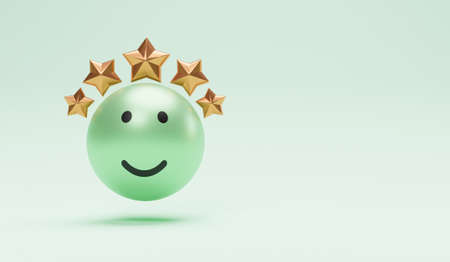 Realistic smile face with five golden stars for customer or client evaluate after use product and service by use telephone application. 3d render technique.の写真素材