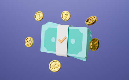 Realistic money green banknote and golden coins include Yuan Yen dollar Ruble Euro and pound sterling for money transfer and exchange concept by 3d render illustration.の写真素材