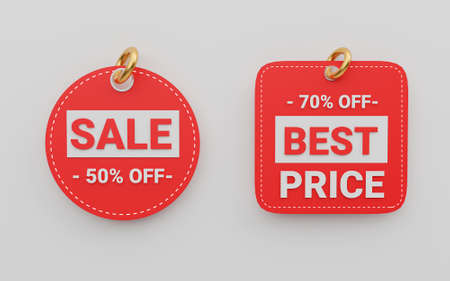 Variety realistic red price tag label with golden ring for special order and discount of shopping promotion sale concept by 3d render illustration.の写真素材