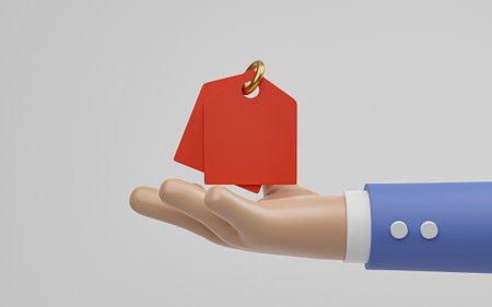 Businessman holding red price tag for special order and discount of shopping promotion sale concept by 3d render illustration.の写真素材
