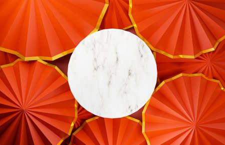 Flat lay or Top view design of round marble podium with red fan for decoration product presentation...