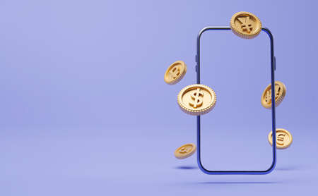Golden coins include dollar Yen yuan Euro Ruble Won and pound sterling with mobile phone frame for currency exchange and forex trading concept by 3d render illustration.の写真素材