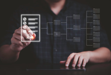 Hand using electronic pen for signature to document on  virtual screen and document for online approve paperless quality assurance and ERP management concept.の写真素材