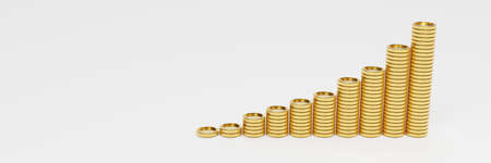 Isolation of increasing golden coin stacking for growth saving and business investment concept by 3d render illustration.の写真素材