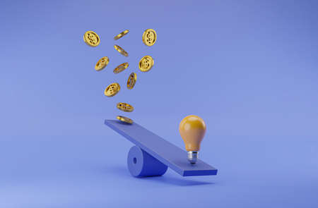 Lightbulb and golden coins flowing on seesaw for symbol of creative thinking idea and problem solving can make more money concept by 3d render illustration.の写真素材