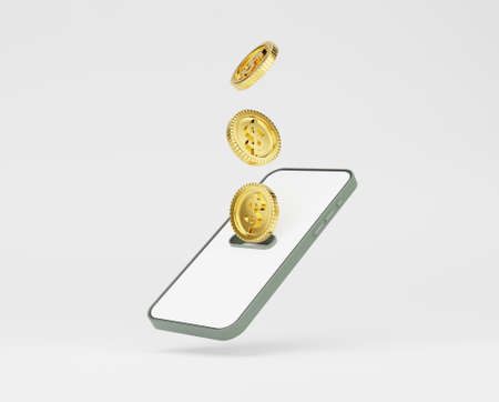 Isolate of Golden coins dropping and flying to smartphone for money transfer and internet mobile...