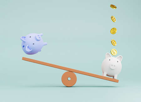 Piggy standing and playing seesaw with golden coin dropping for money saving deposit and investment concept by 3d render illustration.の写真素材
