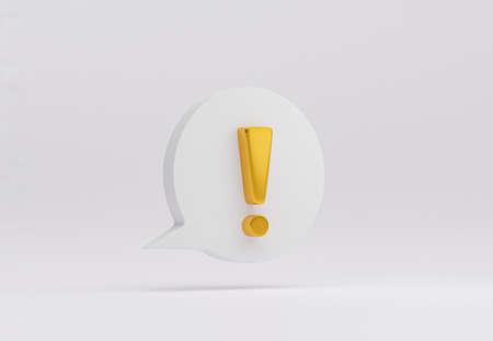 Isolate realistic golden caution warning sing inside message bubble for attention exclamation mark traffic sign by 3d render illustration.の写真素材