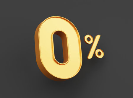 Golden glossy metallic zero percentage or 0% for special offer of shopping department store discount and banking interest rate concept by realistic 3d render.の写真素材