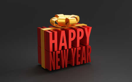 Red happy new year wording with golden ribbon and bow on black background for preparation to change business year by 3d render.の写真素材