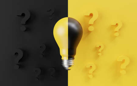 Yellow and black lightbulb among question mark and black background for creative thinking idea and solution problem solving concept by 3d render illustration.の写真素材