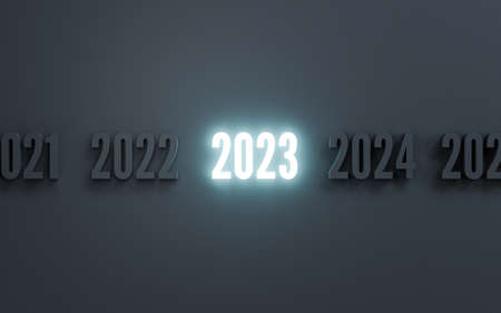 Glowing of 2023 year among normal number dark black background for preparation merry Christmas and...