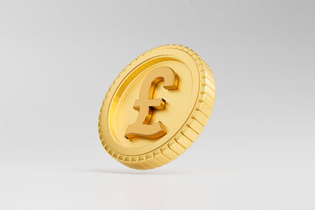 Isolated of golden Pound sterling coins on white background by 3d render.の写真素材