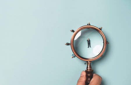 Hand holding magnifier glass with businessman miniature on blue background for Human Resource Management and Recruitment hiring concept.の写真素材