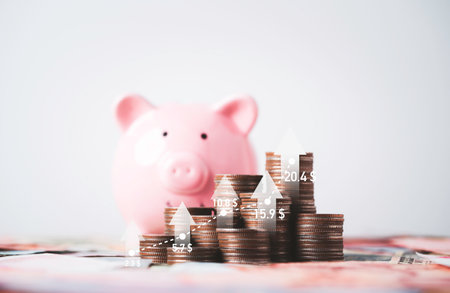 Increasing heap of coins stacking with up arrow graph and pink piggy bank  , Money saving and...