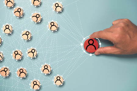 Hand holding to select human icon with connection linkage for Human Resource Management and Recruitment hiring concept.の写真素材
