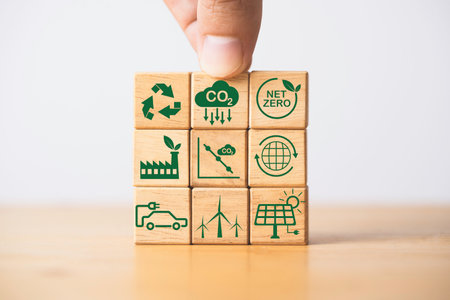Stacking CO2 reducing ,Recycle ,Green factory icon for decrease CO2 , carbon footprint and carbon credit to limit global warming from climate change, Bio Circular Green Economy concept.の写真素材