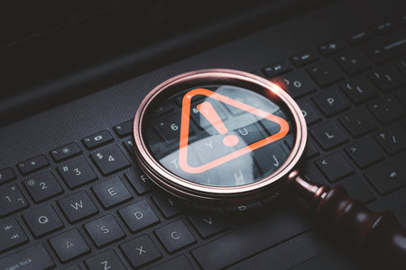 Magnifier glass with red triangle caution warning sign on laptop computer keyboard  for notification error and maintenance technology exclamation concept.の写真素材