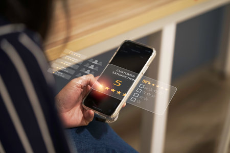 Woman using smartphone for select five stars for client evaluation and customer satisfaction after use product and service concept.の写真素材