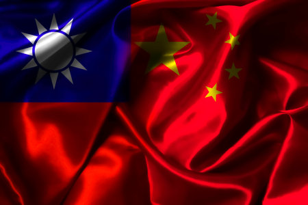 Half of China flag and Taiwan flag  on silk fabric for both countries political conflict and war concept.の写真素材