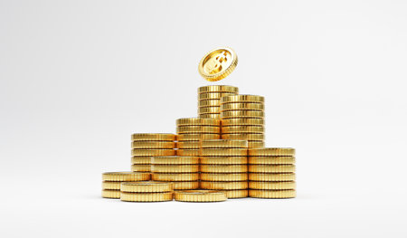 Isolation of US dollar golden coin  dropping to heap of coins on white background for investment and...