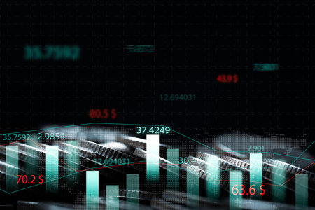 Coins stacking  and glowing stock market or forex graph chart for trader and investor analysis of economy financial concept.の写真素材