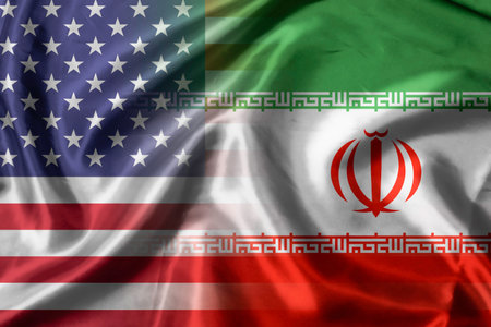 Combination USA flag and Iran flag for United state of America and Iran have politic conflict in nuclear weapons and Strait of Hormuz.の写真素材