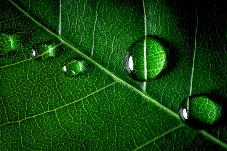 Top view of Water droplet on green leaf after raining for morning fresh in nature concept.の写真素材