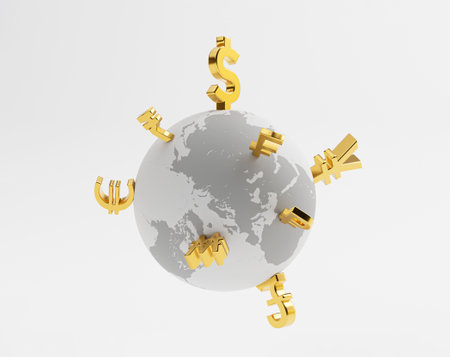 Isolate of white world with main international golden currency sign include UD dollar Euro Pound sterling Yen Yuan Won Ruble for currency exchangeの写真素材