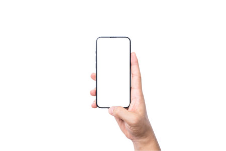 Isolate of Hand holding  blank screen of smartphone on white background with clipping path for mockup advertisement and social icon.の写真素材