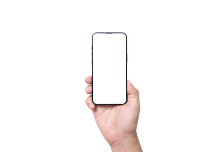 Isolate of Hand holding  blank screen of smartphone on white background with clipping path for mockup advertisement and social icon.の写真素材