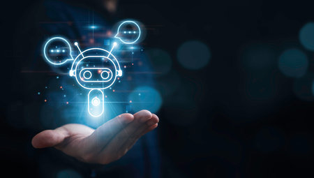 Businessman holding artificial Intelligence digital chatbot icon with message for AI  innovation technology to provide information data concept.の写真素材