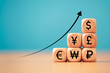 International currency sign include dollar Yuan Euro Pound sterling won and ruble print screen on wooden block cube with increasing  arrow for forex exchange and money transfer concept.の写真素材