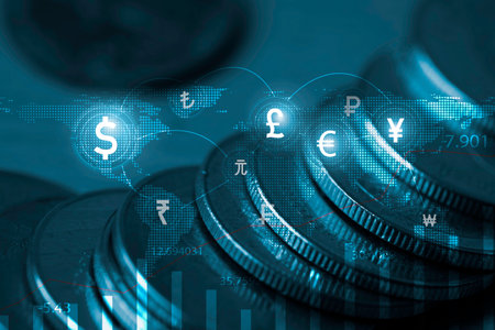 Coin stacking with stock market chart graph and currency sign such as dollar sign for currency exchange and global trade forex concept.の写真素材